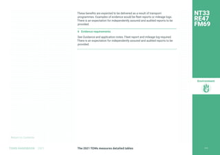 Return to Contents
Environment
Return to Contents
These benefits are expected to be delivered as a result of transport
programmes. Examples of evidence would be fleet reports or mileage logs.
There is an expectation for independently assured and audited reports to be
provided.
6 Evidence requirements
See Guidance and application notes. Fleet report and mileage log required.
There is an expectation for independently assured and audited reports to be
provided.
NT33
RE47
FM69
230
The 2021 TOMs measures detailed tables
TOMS HANDBOOK 2021
 