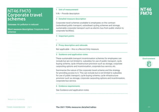 Return to Contents
Environment
Return to Contents
1 Unit of measurement
Y/N – Provide description
2 Detailed measure description
Corporate travel schemes available to employees on the contract
(subsidised public transport, subsidised cycling schemes and storage,
sustainable corporate transport such as electric bus from public station to
corporate facilities).
3 Important points
—
4 Proxy description and rationale
Not applicable – this is a Record Only measure.
5 Guidance and application notes
These sustainable transport incentivisation schemes for employees can
include but are not limited to: subsidies for use of public transport, cycle
buying scheme, cycle infrastructure provision such as storage, corporate
carpooling options and incentivisation, corporate bus service, etc.
Summarise the nature of the corporate travel scheme and the strategy
for providing access to it. This can include but is not limited to subsidies
for use of public transport, cycle buying scheme, cycle infrastructure
provision such as storage, corporate carpooling options and incentivisation,
corporate bus service.
6 Evidence requirements
See Guidance and application notes.
NT46
FM70
NT46 FM70
Corporate travel
schemes
Outcome: Air pollution is reduced
Short measure description: Corporate travel
schemes
231
The 2021 TOMs measures detailed tables
TOMS HANDBOOK 2021
 