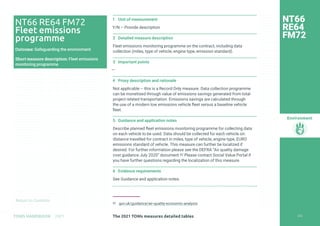 Return to Contents
Environment
Return to Contents
1 Unit of measurement
Y/N – Provide description
2 Detailed measure description
Fleet emissions monitoring programme on the contract, including data
collection (miles, type of vehicle, engine type, emission standard).
3 Important points
—
4 Proxy description and rationale
Not applicable – this is a Record Only measure. Data collection programme
can be monetised through value of emissions savings generated from total
project related transportation. Emissions savings are calculated through
the use of a modern low emissions vehicle fleet versus a baseline vehicle
fleet.
5 Guidance and application notes
Describe planned fleet emissions monitoring programme for collecting data
on each vehicle to be used. Data should be collected for each vehicle on:
distance travelled for contract in miles, type of vehicle, engine type, EURO
emissions standard of vehicle. This measure can further be localized if
desired. For further information please see the DEFRA “Air quality damage
cost guidance July 2020” document.82 Please contact Social Value Portal if
you have further questions regarding the localization of this measure.
6 Evidence requirements
See Guidance and application notes.
82 gov.uk/guidance/air-quality-economic-analysis
NT66
RE64
FM72
NT66 RE64 FM72
Fleet emissions
programme
Outcome: Safeguarding the environment
Short measure description: Fleet emissions
monitoring programme
233
The 2021 TOMs measures detailed tables
TOMS HANDBOOK 2021
 