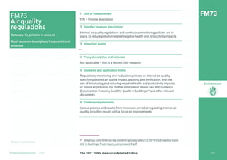 Return to Contents
Environment
Return to Contents
1 Unit of measurement
Y/N – Provide description
2 Detailed measure description
Internal air quality regulations and continuous monitoring policies are in
place, to reduce pollution related negative health and productivity impacts.
3 Important points
—
4 Proxy description and rationale
Not applicable – this is a Record Only measure.
5 Guidance and application notes
Regulations, monitoring and evaluation policies on internal air quality
specifying desired air quality impact, auditing, and verification, with the
aim of monitoring and reducing negative health and productivity impacts
of indoor air pollution. For further information please see BRE Guidance
Document on Ensuring Good Air Quality in buildings83 and other relevant
documents.
6 Evidence requirements
Upload policies and results from measures aimed at regulating internal air
quality, including results with a focus on improvements.
83 bregroup.com/bretrust/wp-content/uploads/sites/12/2019/03/Ensuring-Good-
IAQ-in-Buildings-Trust-report_compressed-2.pdf
FM73
FM73
Air quality
regulations
Outcome: Air pollution is reduced
Short measure description: Corporate travel
schemes
234
The 2021 TOMs measures detailed tables
TOMS HANDBOOK 2021
 