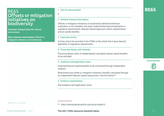 Return to Contents
Environment
Return to Contents
1 Unit of measurement
£
2 Detailed measure description
Offsets or mitigation initiatives on biodiversity delivered whenever
restoration is not available, and when implemented beyond legislative or
regulatory requirements: Natural Capital Approach carbon sequestration
and air quality benefits.
3 Important points
Activity only to be recorded in the TOMs to the extent that it goes beyond
legislative or regulatory requirements.
4 Proxy description and rationale
The proxy allows value of independently calculated natural capital benefits
to be recorded.
5 Guidance and application notes
Expected Natural Capital benefits to be monetised through independent
analysis.
Biodiversity loss offset or mitigation initiatives’ benefits calculated through
an independent Natural Capital assessment. See link below.84
6 Evidence requirements
See Guidance and application notes.
84 https://naturalcapitalcoalition.org/natural-capital-2/
RE65
RE65
Offsets or mitigation
initiatives on
biodiversity
Outcome: Safeguarding the natural
environment
Short measure description: Offsets or
mitigation initiatives on biodiversity
237
The 2021 TOMs measures detailed tables
TOMS HANDBOOK 2021
 