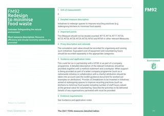 Return to Contents
Environment
Return to Contents
1 Unit of measurement
£
2 Detailed measure description
Initiatives to redesign spaces to improve recycling practices (e.g.
redesigning kitchens to minimise food waste).
3 Important points
This Measure should not be double counted: NT15, NT16, NT17, NT24,
NT25, NT26, NT28, NT29, NT30, NT63 and NT69 or other relevant Measures.
4 Proxy description and rationale
The cumulative cash value should be recorded for organising and running
such initiatives. Equivalent cost of equipment and volunteering hours
should be recorded separately in the appropriate categories.
5 Guidance and application notes
This could be run in partnership with a VCSE or as part of a company
programme. A detailed description of the relevant initiatives should be
provided, together with a method statement and a workplan. When support
is being provided as part of a wider company programme (such as a
nationwide initiative or collaboration with a charity) attribution should be
taken into account (see the toolkit guidance document for worked out
examples on attribution). Provide a £ breakdown to be invested in initiatives
aimed at redesigning spaces to improve recycling practices (such as
kitchens to minimise food waste) including number of staff hours valued
at the general value for volunteering. Describe the activities to be delivered.
Details of any organisations partnered with must be provided.
6 Evidence requirements
See Guidance and application notes
FM92
FM92
Redesign
to minimise
food waste
Outcome: Safeguarding the natural
environment
Short measure description: Resource
efficiency and circular economy solutions are
promoted
255
The 2021 TOMs measures detailed tables
TOMS HANDBOOK 2021
 