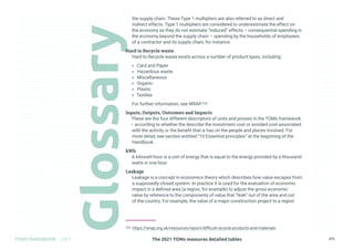 The 2021 TOMs measures detailed tables
TOMS HANDBOOK 2021 275
the supply chain. These Type 1 multipliers are also referred to as direct and
indirect effects. Type 1 multipliers are considered to underestimate the effect on
the economy as they do not estimate “induced” effects – consequential spending in
the economy beyond the supply chain – spending by the households of employees
of a contractor and its supply chain, for instance.
Hard to Recycle waste
Hard to Recycle waste exists across a number of product types, including:
» Card and Paper
» Hazardous waste
» Miscellaneous
» Organic
» Plastic
» Textiles
For further information, see WRAP.103
Inputs, Outputs, Outcomes and Impacts
These are the four different descriptors of units and proxies in the TOMs framework
– according to whether the describe the investment cost or avoided cost associated
with the activity or the benefit that is has on the people and places involved. For
more detail, see section entitled “10 Essential principles” at the beginning of the
Handbook.
kWh
A kilowatt-hour is a unit of energy that is equal to the energy provided by a thousand
watts in one hour
Leakage
Leakage is a concept in economics theory which describes how value escapes from
a supposedly closed system. In practice it is used for the evaluation of economic
impact in a defined area (a region, for example) to adjust the gross economic
value by reference to the components of value that “leak” out of the area and out
of the country. For example, the value of a major construction project to a region
103 https://wrap.org.uk/resources/report/difficult-recycle-products-and-materials
 