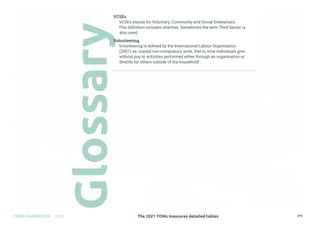 The 2021 TOMs measures detailed tables
TOMS HANDBOOK 2021 279
VCSEs
VCSEs stands for Voluntary, Community and Social Enterprises.
This definition includes charities. Sometimes the term Third Sector is
also used.
Volunteering
Volunteering is defined by the International Labour Organisation
(2001) as ‘unpaid non-compulsory work; that is, time individuals give
without pay to activities performed either through an organisation or
directly for others outside of the household’.
 