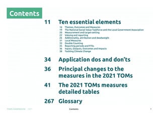 Contents
TOMS HANDBOOK 2021 3
11	
Ten essential elements
Contents
34 Application dos and don’ts
36	
Principal changes to the
measures in the 2021 TOMs
41	
The 2021 TOMs measures
detailed tables
267 Glossary
16 Themes, Outcomes and Measures
19	
The National Social Value Taskforce and the Local Government Association
20 Measurement and target-setting
22 Valuing and reporting
26	
Additionality, attribution and deadweight
31 Local Measures
33 Double Counting
35 Reporting periods and FTEs
36	
Inputs, Outputs, Outcomes and Impacts
38 Tackling Climate Change
 