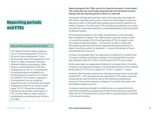 Ten essential elements
TOMS HANDBOOK 2021 35
Reporting against the TOMs, just as for financial accounts, is time-based.
This means that any social value reported under the framework must be
aligned with the reporting period in which it is reported.
Companies will typically want their main social value report annually, but
with interim reporting each quarter or at the six-month stage to make sure
they are on track. On the other hand, projects and contracts could be for a
matter of weeks or for many years. The overriding consideration is to make
sure that the social value reported is comparable between reporting periods
of different lengths.
All time-based measures in the TOMs are expressed in units that allow
this comparison to happen. The TOMs doesn’t count the number of jobs
– it counts the number of Full-Time Equivalents (FTEs). It doesn’t count
the number of apprenticeships – it counts the number of weeks that
the underlying business activity has supported the apprenticeships. It
doesn’t count the number of volunteers – it counts the number of hours
volunteering time, and so on.
It follows, for example, that if an organisation is bidding for a contract that
is 3 years in duration and plans to employ 10 local people full-time every
year (reported under NT1), then it should submit 30 FTEs as its target.
By the same token, an organisation bidding for a contract that is 3 months
in duration and planning to employ 10 local people full-time on this contract
would submit 2.5 FTEs as its target (10 × 0.25 (= 3 months / 1 year)).
However, while the jobs measures for individuals facing barriers to the jobs
market (NT3 – NT6 inclusive) are also expressed in FTEs, these measures
should only be used for the first year of the individual’s employment,
because of the way the measure is designed. For further information see
the detailed measures section.
A company reporting annually but collating data on a quarterly basis to
check how everything is progressing will need to decide how to spread the
data over the 12-month period to ensure that an accurate figure is included
in the annual summary.
Reporting periods
and FTEs
Why are FTEs important for the TOMs?
The TOMs framework makes extensive
use of “Full-time Equivalents” (FTEs) as
the unit to count employment. This is
because jobs need to be equalised in time
terms to make comparisons between
different initiatives and projects. While
there is no fixed definition of full-time
employment, an FTE of 1.0 corresponds
to having one person employed on a
full-time basis for a period of 12 months.
For different FTE numbers or durations
of employment, this can simply be
adjusted pro rata. For example, two people
employed full time for six months would
equal 1.0 FTE. One person employed
full-time for six months would equal 0.5
FTE. For the TOMs, we define full time
employment as working at least 35 hours
per week.
 