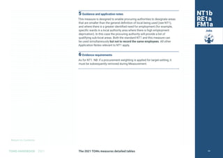 Return to Contents
TOMS HANDBOOK 2021
Jobs
5 Guidance and application notes
This measure is designed to enable procuring authorities to designate areas
that are smaller than the general definition of local being used (see NT1),
and where there is a greater identified need for employment (for example,
specific wards in a local authority area where there is high employment
deprivation). In this case the procuring authority will provide a list of
qualifying sub-local areas. Both the standard NT1 and this measure can
be used simultaneously but not to record the same employees. All other
Application Notes relevant to NT1 apply.
6 Evidence requirements
As for NT1. NB: if a procurement weighting is applied for target-setting, it
must be subsequently removed during Measurement.
NT1b
RE1a
FM1a
The 2021 TOMs measures detailed tables 54
 