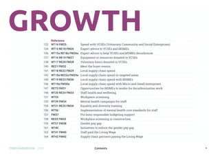 Contents
TOMS HANDBOOK 2021 6
132 NT14 FM25 Spend with VCSEs (Voluntary, Community and Social Enterprises)
134 NT15 RE18 FM26 Expert advice to VCSEs and MSMEs
136 NT15a RE18a FM26a Expert advice to help VCSEs and MSMEs decarbonise
137 NT16 RE19 FM27 Equipment or resources donated to VCSEs
138 NT17 RE20 FM28 Voluntary hours donated to VCSEs
140 RE21 FM32 Meet the buyer events
141 NT18 RE22 FM29 Local supply chain spend
143 NT18a RE22a FM29a Local supply chain spend in targeted areas
145 NT19 RE23 FM30 Local supply chain spend with MSMEs
146 NT19a FM30a Local supply chain spend with Micro and Small enterprises
147 RE73 FM31 Opportunities for MSMEs to tender for decarbonisation work
148 NT20 RE24 FM33 Staff health and wellbeing
151 NT55 Workplace screening
153 NT39 FM34 Mental health campaigns for staff
154 NT21 RE25 FM36 Equality and diversity training
156 NT56 Implementation of mental health core standards for staff
157 FM37 Pro bono responsible budgeting support
158 RE59 FM35 Workplace screening in construction
159 NT57 FM38 Gender pay gap
161 NT40 Initiatives to reduce the gender pay gap
163 NT41 FM40 Staff paid the Living Wage
164 NT42 FM42 Supply chain partners paying the Living Wage
Reference
 