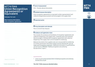 Return to Contents
TOMS HANDBOOK 2021
Jobs
NT74 FM4
Union Recognition
Agreements or
Equivalent
Outcome: Fair work
Short measure description:
Union recognition agreements
NT74
FM4
1Unit of measurement
Y/N – Provide relevant documents
2Detailed measure description
Union recognition agreements (or equivalent worker representation) and
collective bargaining are present and encouraged in the supply chain.
3Important points
—
4Proxy description and rationale
This is a record-only measure.
5Guidance and application notes
This includes the existence and facilitation of recognition agreements and
collective bargaining in the supply chain. Corporate policy and initiatives
that encourage or facilitate both recognition agreements and collective
bargaining in the supply chain can be included for evidencing.
Relevant documents from suppliers also are to be provided for evidencing.
For further government information please see the following link: gov.uk/
trade-union-recognition-employers. Additional information on good practice
can be found in UNISON’s “Seeking recognition and achieving
the best terms” report.5
5 
unison.org.uk/content/uploads/2020/10/Seeking-recognition-and-achieving-
the-best-terms-v8.pdf
The 2021 TOMs measures detailed tables 60
 