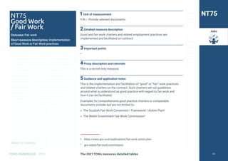 Return to Contents
TOMS HANDBOOK 2021
Jobs
NT75
Good Work
/ Fair Work
Outcome: Fair work
Short measure description: Implementation
of Good Work or Fair Work practices
NT75
1Unit of measurement
Y/N – Provide relevant documents.
2Detailed measure description
Good and fair work charters and related employment practices are
implemented and facilitated on contract.
3Important points
—
4Proxy description and rationale
This is a record-only measure.
5Guidance and application notes
This is the implementation and facilitation of “good” or “fair” work practices
and related charters on the contract. Such charters set out guidelines
around what is understood as good practice with regard to fair work and
how it can be facilitated.
Examples for comprehensive good practice charters or comparable
documents include, but are not limited to:
» The Scottish Fair Work Convention / Framework / Action Plan6
» The Welsh Government Fair Work Commission7
6 https://www.gov.scot/publications/fair-work-action-plan
7 gov.wales/fair-work-commission
The 2021 TOMs measures detailed tables 62
 