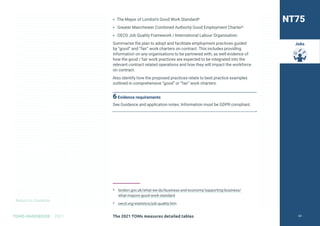 Return to Contents
TOMS HANDBOOK 2021
Jobs
» The Mayor of London’s Good Work Standard8
» Greater Manchester Combined Authority Good Employment Charter9
» OECD Job Quality Framework / International Labour Organisation.
Summarise the plan to adopt and facilitate employment practices guided
by “good” and “fair” work charters on contract. This includes providing
information on any organisations to be partnered with, as well evidence of
how the good / fair work practices are expected to be integrated into the
relevant contract related operations and how they will impact the workforce
on contract.
Also identify how the proposed practices relate to best practice examples
outlined in comprehensive “good” or “fair” work charters.
6Evidence requirements
See Guidance and application notes. Information must be GDPR compliant.
8 
london.gov.uk/what-we-do/business-and-economy/supporting-business/
what-mayors-good-work-standard
9 oecd.org/statistics/job-quality.htm
NT75
The 2021 TOMs measures detailed tables 63
 