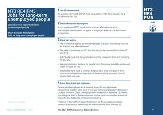 Return to Contents
TOMS HANDBOOK 2021
Jobs
NT3 RE4 FM5
Jobs for long-term
unemployed people
Outcome: More opportunities for
disadvantaged people
Short measure description:
Jobs for long-term unemployed people
NT3
RE4
FM5
1Unit of measurement
No. people, expressed as Full-Time Equivalents (FTE). See Glossary for a
full definition of FTEs.
2Detailed measure description
No. of employees (FTE) hired on the contract who are long term
unemployed (unemployed for a year or longer) as a result of a recruitment
programme.
3Important points
» The proxy value applies to direct employees only and should only be used
for the first year of employment.
» The value is additional to NT1 and one job can be counted both under NT1
and NT3.
» Individuals must only be counted once in the measures from and including
NT3 to NT6.
» Apprenticeships or training for people from this group should be addressed
under NT9a or NT10a.
» Employees must have a contract duration of at least one year or their
contract must last for at least the full duration of the contract if this is
shorter than one year.
4Proxy description and rationale
Covers people employed as a result of a specific and deliberate
employment initiative who were previously claiming Jobseeker’s Allowance
(JSA) or Universal Credit unemployment benefits for at least the 12 months
preceding the start of the employment contract and recruited as a result of
a specific and deliberate employment initiative.
The proxy is derived from a combination of: (i) the average annualised
increase in economic benefits to the individual over their lifetime; (ii)
The 2021 TOMs measures detailed tables 64
 