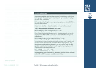 Return to Contents
TOMS HANDBOOK 2021
Jobs
NT3 Worked Example
Organisation A works with the local authority’s employment programme
to hire people who are long-term unemployed ( = previously unemployed
for more than 12 months).
On the project, four long-term unemployed people are employed full-time
on a two-year contract.
One of them also has a disability and two are local to the contract.
This is what should be recorded in the TOMs:
Under NT3 (long-term unemployed): Four FTEs
(Even though the contract duration is two years, people with barriers to
employment — NT3 to NT6 — can only be claimed for their first year of
employment)
Under NT6 (jobs for people with disabilities): 0 FTEs
The recruitment programme was principally focused on LTU people and
not recruitment of people with disabilities. Because people can only
be counted for one measure between NT3 – NT6, in this case we have
opted to record the individual who is both long-term unemployed and
suffering from a disability under NT3.
Under NT1 (local jobs): Four FTEs
Namely the two local employees for two years, who can also be included
under NT1 as NT1 measures Local Economic Value.
NT3
RE4
FM5
The 2021 TOMs measures detailed tables 66
 