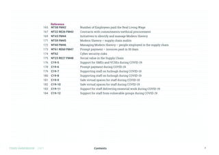 Contents
TOMS HANDBOOK 2021 7
165 NT58 FM42 Number of Employees paid the Real Living Wage
167 NT22 RE26 FM43 Contracts with commitments toethical procurement
169 NT43 FM44 Initiatives to identify and manage Modern Slavery
171 NT59 FM45 Modern Slavery – supply chain audits
172 NT60 FM46 Managing Modern Slavery – people employed in the supply chain
173 NT61 RE60 FM47 Prompt payment – invoices paid in 30 days
174 NT62 Cyber security risks
175 NT23 RE27 FM48 Social value in the Supply Chain
176 C19-5 Support for SMEs and VCSEs during COVID-19
178 C19-6 Prompt payment during COVID-19
179 C19-7 Supporting staff on furlough during COVID-19
180 C19-8 Supporting staff on furlough during COVID-19
181 C19-9 Safe virtual spaces for staff during COVID-19
182 C19-10 Safe virtual spaces for staff during COVID-19
183 C19-11 Support for staff delivering essential work during COVID-19
184 C19-12 Support for staff from vulnerable groups during COVID-19
Reference
 