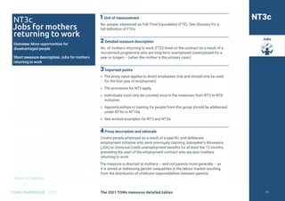 Return to Contents
TOMS HANDBOOK 2021
Jobs
1Unit of measurement
No. people, expressed as Full-Time Equivalents (FTE). See Glossary for a
full definition of FTEs.
2Detailed measure description
No. of mothers returning to work (FTE) hired on the contract as a result of a
recruitment programme who are long-term unemployed (unemployed for a
year or longer) – (when the mother is the primary carer).
3Important points
» The proxy value applies to direct employees only and should only be used
for the first year of employment.
» The provisions for NT3 apply.
» Individuals must only be counted once in the measures from NT3 to NT6
inclusive.
» Apprenticeships or training for people from this group should be addressed
under NT9a or NT10a.
» See worked examples for NT3 and NT3a.
4Proxy description and rationale
Covers people employed as a result of a specific and deliberate
employment initiative who were previously claiming Jobseeker’s Allowance
(JSA) or Universal Credit unemployment benefits for at least the 12 months
preceding the start of the employment contract who are also mothers
returning to work.
The measure is directed at mothers – and not parents more generally – as
it is aimed at redressing gender inequalities in the labour market resulting
from the distribution of childcare responsibilities between parents.
NT3c
Jobs for mothers
returning to work
Outcome: More opportunities for
disadvantaged people
Short measure description: Jobs for mothers
returning to work
NT3c
The 2021 TOMs measures detailed tables 72
 