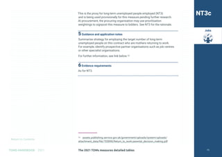 Return to Contents
TOMS HANDBOOK 2021
Jobs
This is the proxy for long-term unemployed people employed (NT3)
and is being used provisionally for this measure pending further research.
At procurement, the procuring organisation may use prioritisation
weightings to signpost this measure to bidders. See NT3 for the rationale.
5Guidance and application notes
Summarise strategy for employing the target number of long-term
unemployed people on this contract who are mothers returning to work.
For example, identify prospective partner organisations such as job centres
or other specialist organisations.
For further information, see link below.12
6Evidence requirements
As for NT3.
12 assets.publishing.service.gov.uk/government/uploads/system/uploads/
attachment_data/file/705898/Return_to_work-parental_decision_making.pdf
NT3c
The 2021 TOMs measures detailed tables 73
 