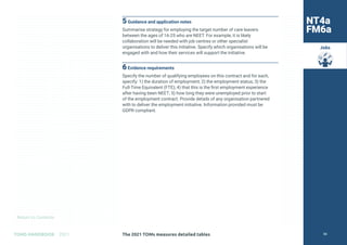Return to Contents
TOMS HANDBOOK 2021
Jobs
5Guidance and application notes
Summarise strategy for employing the target number of care leavers
between the ages of 16-25 who are NEET. For example, it is likely
collaboration will be needed with job centres or other specialist
organisations to deliver this initiative. Specify which organisations will be
engaged with and how their services will support the initiative.
6Evidence requirements
Specify the number of qualifying employees on this contract and for each,
specify: 1) the duration of employment; 2) the employment status; 3) the
Full-Time Equivalent (FTE); 4) that this is the first employment experience
after having been NEET; 5) how long they were unemployed prior to start
of the employment contract. Provide details of any organisation partnered
with to deliver the employment initiative. Information provided must be
GDPR compliant.
NT4a
FM6a
The 2021 TOMs measures detailed tables 80
 