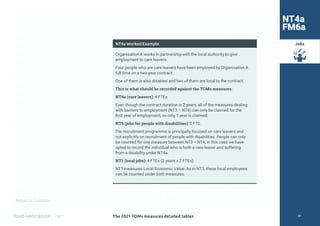 Return to Contents
TOMS HANDBOOK 2021
Jobs
NT4a Worked Example
Organisation A works in partnership with the local authority to give
employment to care leavers.
Four people who are care leavers have been employed by Organisation A
full time on a two-year contract.
One of them is also disabled and two of them are local to the contract.
This is what should be recorded against the TOMs measures:
NT4a (care leavers): 4 FTEs
Even though the contract duration is 2 years, all of the measures dealing
with barriers to employment (NT3 – NT6) can only be claimed for the
first year of employment, so only 1 year is claimed.
NT6 (jobs for people with disabilities): 0 FTE.
The recruitment programme is principally focused on care leavers and
not explicitly on recruitment of people with disabilities. People can only
be counted for one measure between NT3 – NT6, in this case we have
opted to record the individual who is both a care leaver and suffering
from a disability under NT4a.
NT1 (local jobs): 4 FTEs (2 years x 2 FTEs).
NT1 measures Local Economic Value. As in NT3, these local employees
can be counted under both measures.
NT4a
FM6a
The 2021 TOMs measures detailed tables 81
 