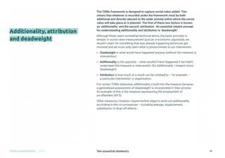Ten essential elements
TOMS HANDBOOK 2021 26
Additionality, attribution
and deadweight
The TOMs framework is designed to c...