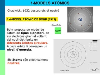 10
1-MODELS ATÒMICS
1.4-MODEL ATÒMIC DE BOHR (1913)
Chadwick, 1932 descobreix el neutró
Bohr proposa un model de
l’àtom de tipus planetari, on
els electrons giren al voltant
del nucli distribuïts en
diferents òrbites circulars.
A cada òrbita li correspon un
nivell d’energia.
Els àtoms són elèctricament
neutres
Àtom/Bohr
www
 