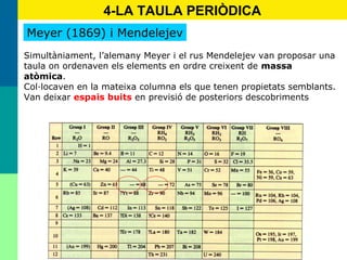 21
4-LA TAULA PERIÒDICA
Meyer (1869) i Mendelejev
Simultàniament, l’alemany Meyer i el rus Mendelejev van proposar una
taula on ordenaven els elements en ordre creixent de massa
atòmica.
Col·locaven en la mateixa columna els que tenen propietats semblants.
Van deixar espais buits en previsió de posteriors descobriments
 