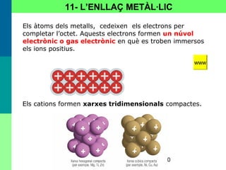 50
11- L’ENLLAÇ METÀL·LIC
Els àtoms dels metalls, cedeixen els electrons per
completar l’octet. Aquests electrons formen un núvol
electrònic o gas electrònic en què es troben immersos
els ions positius.
Els cations formen xarxes tridimensionals compactes.
www
 