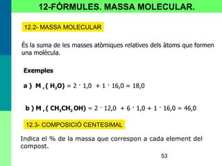 53
12-FÓRMULES. MASSA MOLECULAR.
12.2- MASSA MOLECULAR
12.3- COMPOSICIÓ CENTESIMAL
Indica el % de la massa que correspon a cada element del
compost.
 