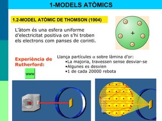 8
L’àtom és una esfera uniforme
d’electricitat positiva on s’hi troben
els electrons com panses de corinti.
1-MODELS ATÒMICS
1.2-MODEL ATÒMIC DE THOMSON (1904)
Llança partícules α sobre làmina d’or:
•La majoria, travessen sense desviar-se
•Algunes es desvien
•1 de cada 20000 rebota
Experiència de
Rutherford:
www
 