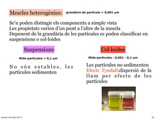 Mescles heterogènies:
         Se’n poden distingir els components a simple vista
         Les propietats varien d’un punt a l’altre de la mescla
         Depenent de la grandària de les partícules es poden classificar en
         suspensions o col·loides

                           Suspensions              Col·loides


         No són estables, les                Les partícules no sedimenten
         partícules sedimenten               Efecte Tyndall:dispersió de la
                                             llum per efecte de les
                                             partícules




viernes 2 de marzo de 12                                                      29
 