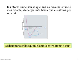 Els àtoms s’uneixen ja que així es creauna situació
              més estable, d’energia més baixa que els àtoms per
              separat




         Es denomina enllaç químic la unió entre àtoms o ions



viernes 2 de marzo de 12                                            7
 