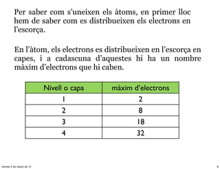 Per saber com s’uneixen els àtoms, en primer lloc
          hem de saber com es distribueixen els electrons en
          l’escorça.

          En l’àtom, els electrons es distribueixen en l’escorça en
          capes, i a cadascuna d’aquestes hi ha un nombre
          màxim d’electrons que hi caben.

                           Nivell o capa   màxim d’electrons
                                 1                 2
                                 2                 8
                                 3                18
                                 4                32



viernes 2 de marzo de 12                                              8
 
