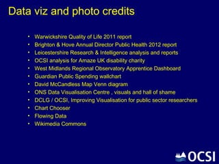 Data viz and photo credits

    •   Warwickshire Quality of Life 2011 report
    •   Brighton & Hove Annual Director Public Health 2012 report
    •   Leicestershire Research & Intelligence analysis and reports
    •   OCSI analysis for Amaze UK disability charity
    •   West Midlands Regional Observatory Apprentice Dashboard
    •   Guardian Public Spending wallchart
    •   David McCandless Map Venn diagram
    •   ONS Data Visualisation Centre , visuals and hall of shame
    •   DCLG / OCSI, Improving Visualisation for public sector researchers
    •   Chart Chooser
    •   Flowing Data
    •   Wikimedia Commons
 