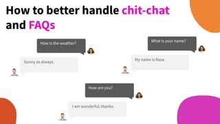 How is the weather?
Sunny as always.
How to better handle chit-chat
and FAQs
What is your name?
My name is Rasa.
How are you?
I am wonderful, thanks.
 