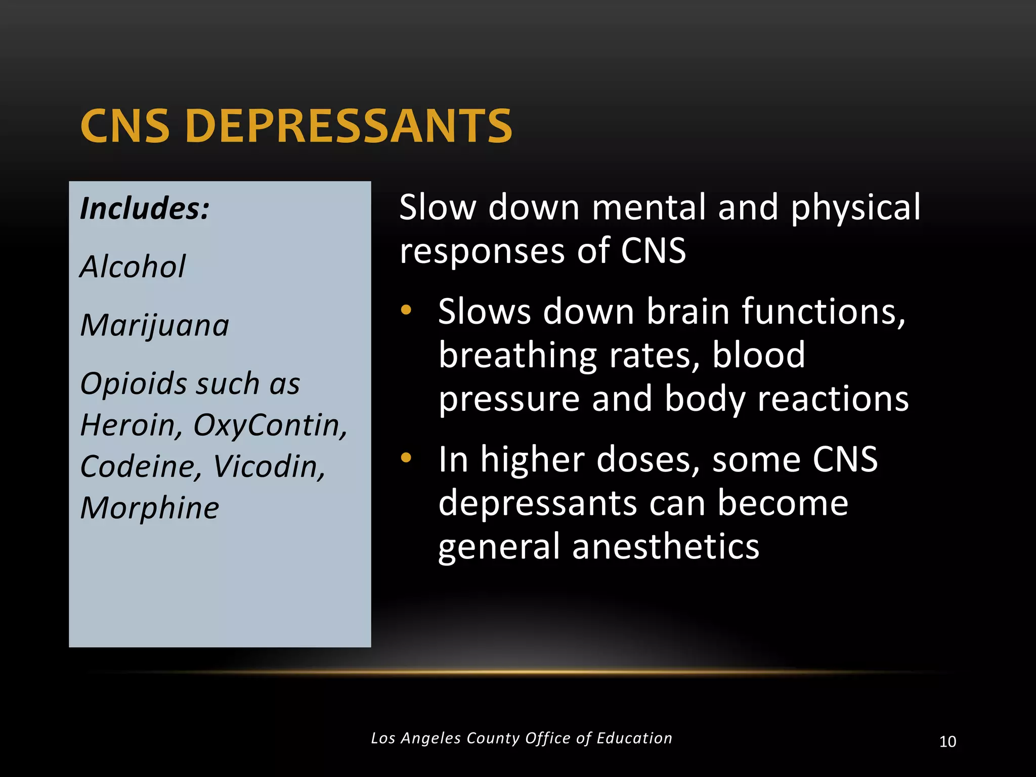 CNS DEPRESSANTS
Includes:
Alcohol
Marijuana
Opioids such as
Heroin, OxyContin,
Codeine, Vicodin,
Morphine

Slow down mental and physical
responses of CNS
• Slows down brain functions,
breathing rates, blood
pressure and body reactions
• In higher doses, some CNS
depressants can become
general anesthetics

Los Angeles County Office of Education

10

 