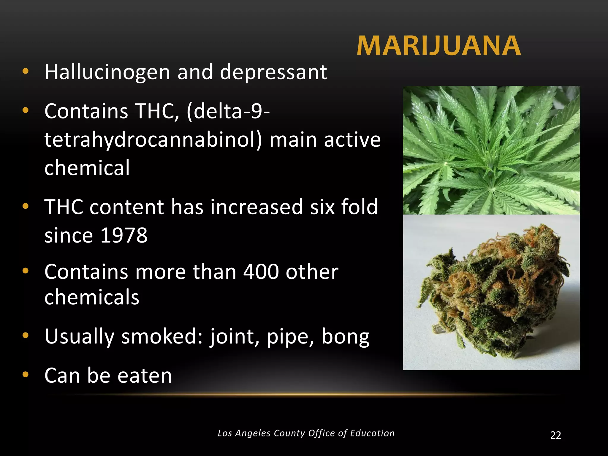 • Hallucinogen and depressant

MARIJUANA

• Contains THC, (delta-9tetrahydrocannabinol) main active
chemical
• THC content has increased six fold
since 1978
• Contains more than 400 other
chemicals

• Usually smoked: joint, pipe, bong
• Can be eaten
Los Angeles County Office of Education

22

 