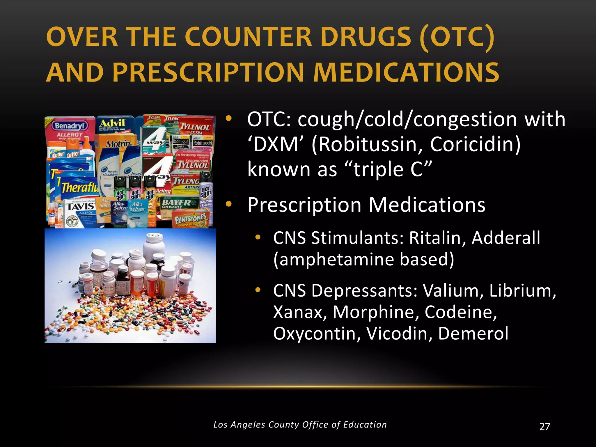 OVER THE COUNTER DRUGS (OTC)
AND PRESCRIPTION MEDICATIONS
• OTC: cough/cold/congestion with
‘DXM’ (Robitussin, Coricidin)
known as “triple C”
• Prescription Medications
• CNS Stimulants: Ritalin, Adderall
(amphetamine based)

• CNS Depressants: Valium, Librium,
Xanax, Morphine, Codeine,
Oxycontin, Vicodin, Demerol

Los Angeles County Office of Education

27

 