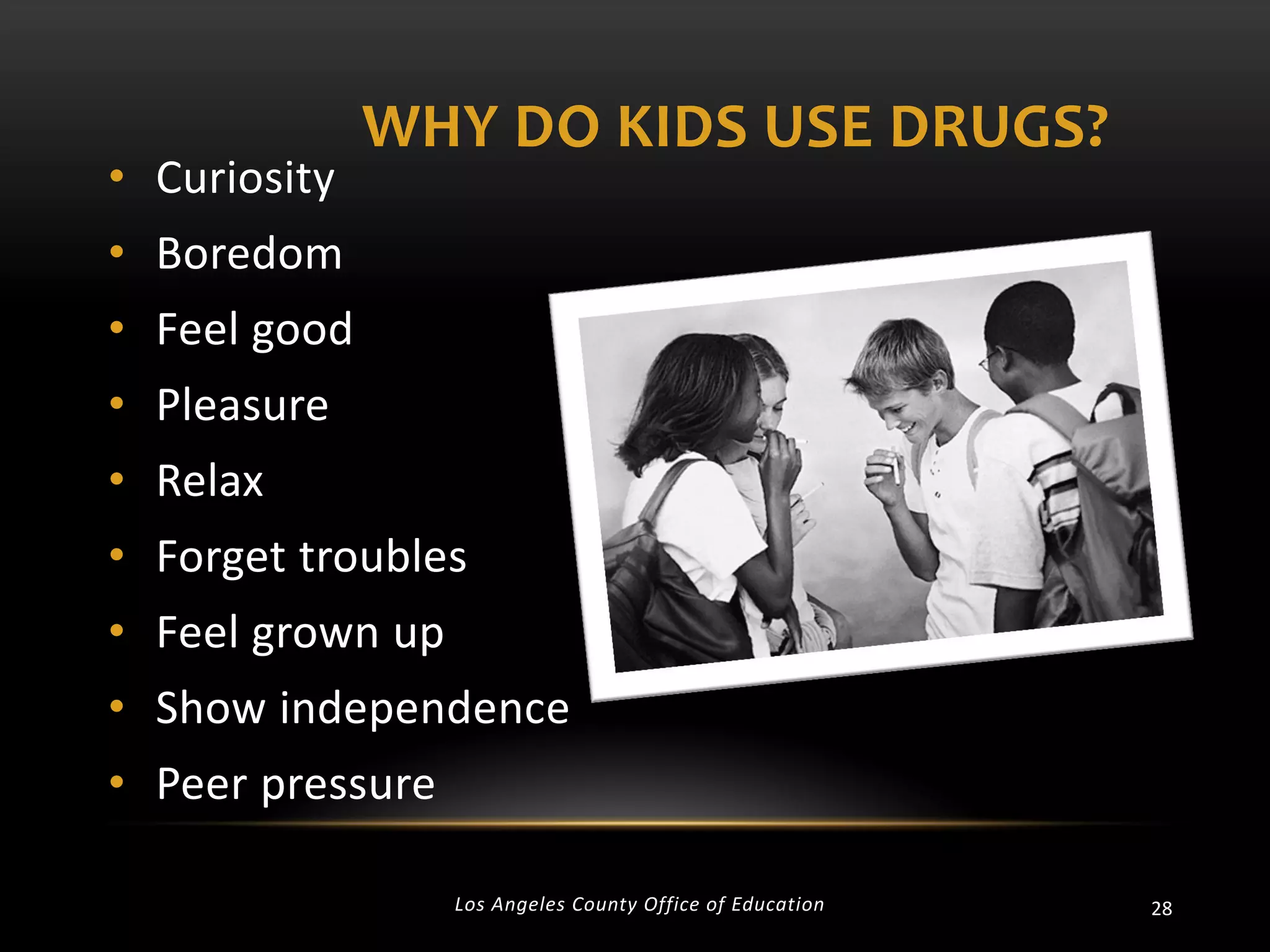 • Curiosity

WHY DO KIDS USE DRUGS?

• Boredom
• Feel good
• Pleasure
• Relax
• Forget troubles
• Feel grown up
• Show independence

• Peer pressure
Los Angeles County Office of Education

28

 