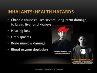 INHALANTS: HEALTH HAZARDS
• Chronic abuse causes severe, long-term damage
to brain, liver and kidneys
• Hearing loss
• Limb spasms
• Bone marrow damage
• Blood oxygen depletion

Los Angeles County Office of Education

19

 