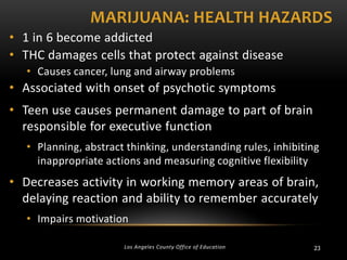 MARIJUANA: HEALTH HAZARDS
• 1 in 6 become addicted
• THC damages cells that protect against disease
• Causes cancer, lung and airway problems

• Associated with onset of psychotic symptoms
• Teen use causes permanent damage to part of brain
responsible for executive function
• Planning, abstract thinking, understanding rules, inhibiting
inappropriate actions and measuring cognitive flexibility

• Decreases activity in working memory areas of brain,
delaying reaction and ability to remember accurately
• Impairs motivation
Los Angeles County Office of Education

23

 