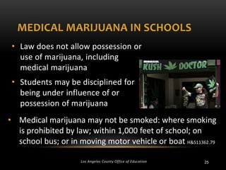 MEDICAL MARIJUANA IN SCHOOLS
• Law does not allow possession or
use of marijuana, including
medical marijuana
• Students may be disciplined for
being under influence of or
possession of marijuana
• Medical marijuana may not be smoked: where smoking
is prohibited by law; within 1,000 feet of school; on
school bus; or in moving motor vehicle or boat H&S11362.79
Los Angeles County Office of Education

25

 