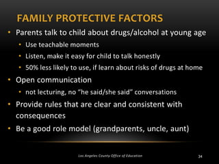 FAMILY PROTECTIVE FACTORS
• Parents talk to child about drugs/alcohol at young age
• Use teachable moments
• Listen, make it easy for child to talk honestly
• 50% less likely to use, if learn about risks of drugs at home

• Open communication
• not lecturing, no “he said/she said” conversations

• Provide rules that are clear and consistent with
consequences
• Be a good role model (grandparents, uncle, aunt)
Los Angeles County Office of Education

34

 