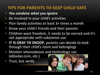 TIPS FOR PARENTS TO KEEP CHILD SAFE
•
•
•
•
•

You condone what you ignore
Be involved in your child’s activities
Plan family activities at least 3+ times a month
Know your child’s friends and their parents
Children want freedom, it needs to be earned and it’s
not appropriate with substance use
• IT IS OKAY TO SNOOP, parents can decide to look
through their child’s room and belongings
• Monitor whereabouts and technology use
(eblaster.com, etc.)
• Trust, but verify
Los Angeles County Office of Education

35

 
