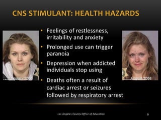 CNS STIMULANT: HEALTH HAZARDS
• Feelings of restlessness,
irritability and anxiety
• Prolonged use can trigger
paranoia
• Depression when addicted
individuals stop using

• Deaths often a result of
cardiac arrest or seizures
followed by respiratory arrest
Los Angeles County Office of Education

9

 