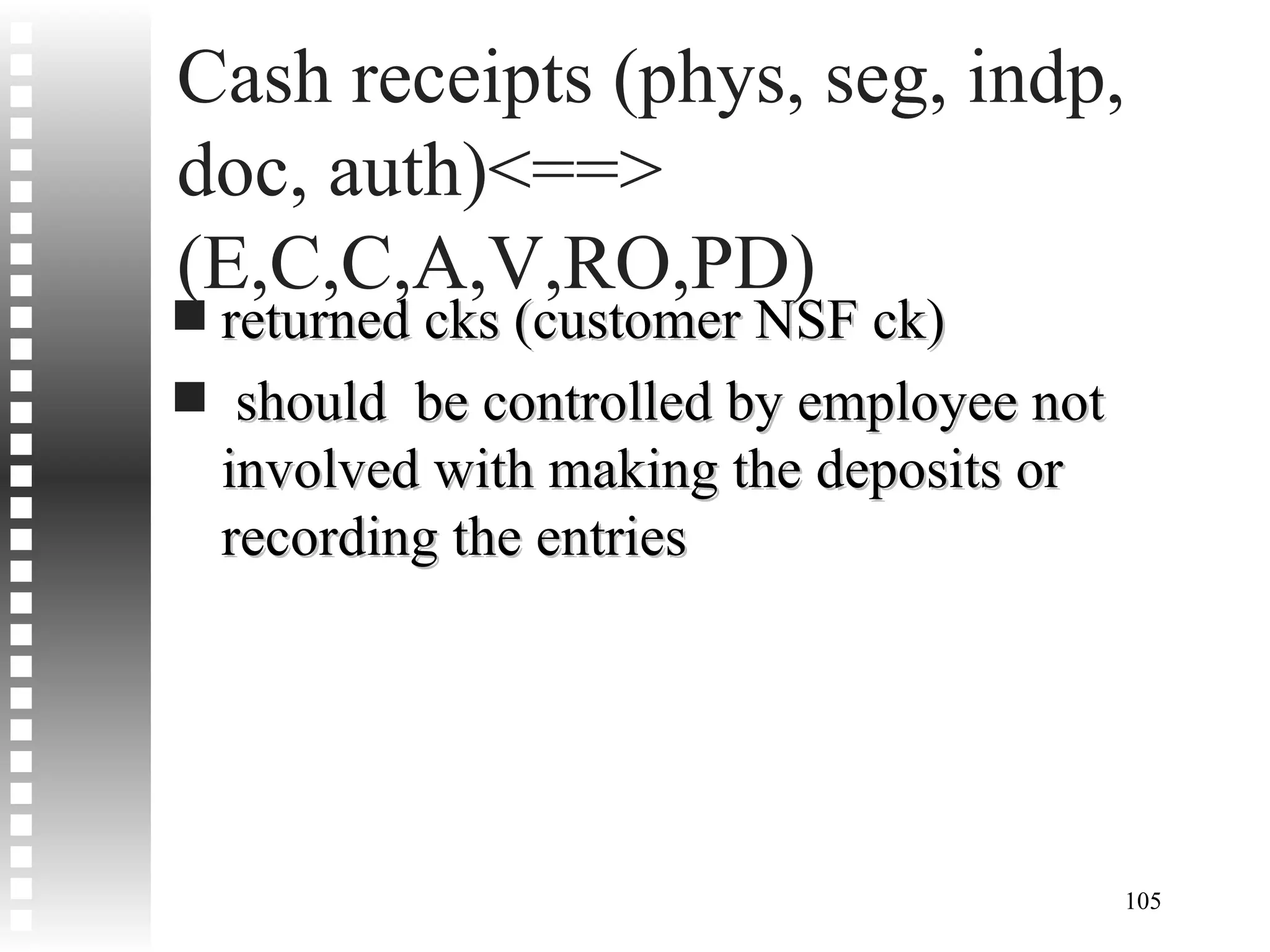 Cash receipts (phys, seg, indp, doc, auth)<==> (E,C,C,A,V,RO,PD) returned cks (customer NSF ck) should  be controlled by employee not involved with making the deposits or recording the entries 