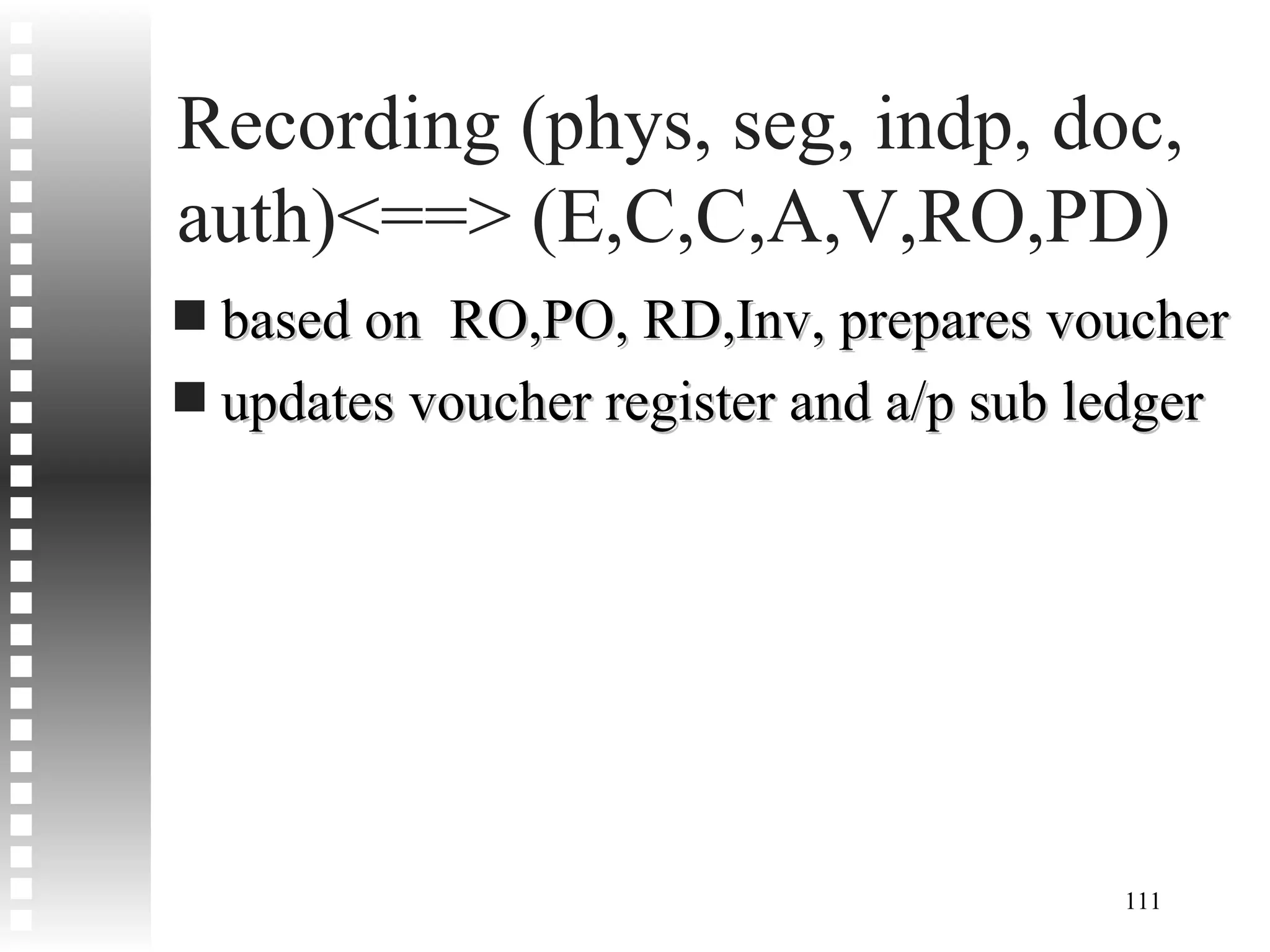 Recording (phys, seg, indp, doc, auth)<==> (E,C,C,A,V,RO,PD) based on  RO,PO, RD,Inv, prepares voucher updates voucher register and a/p sub ledger 