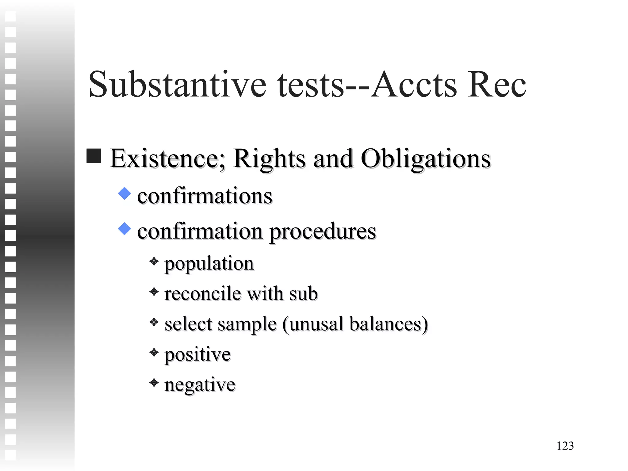 Substantive tests--Accts Rec Existence; Rights and Obligations confirmations confirmation procedures population reconcile with sub select sample (unusal balances) positive negative 