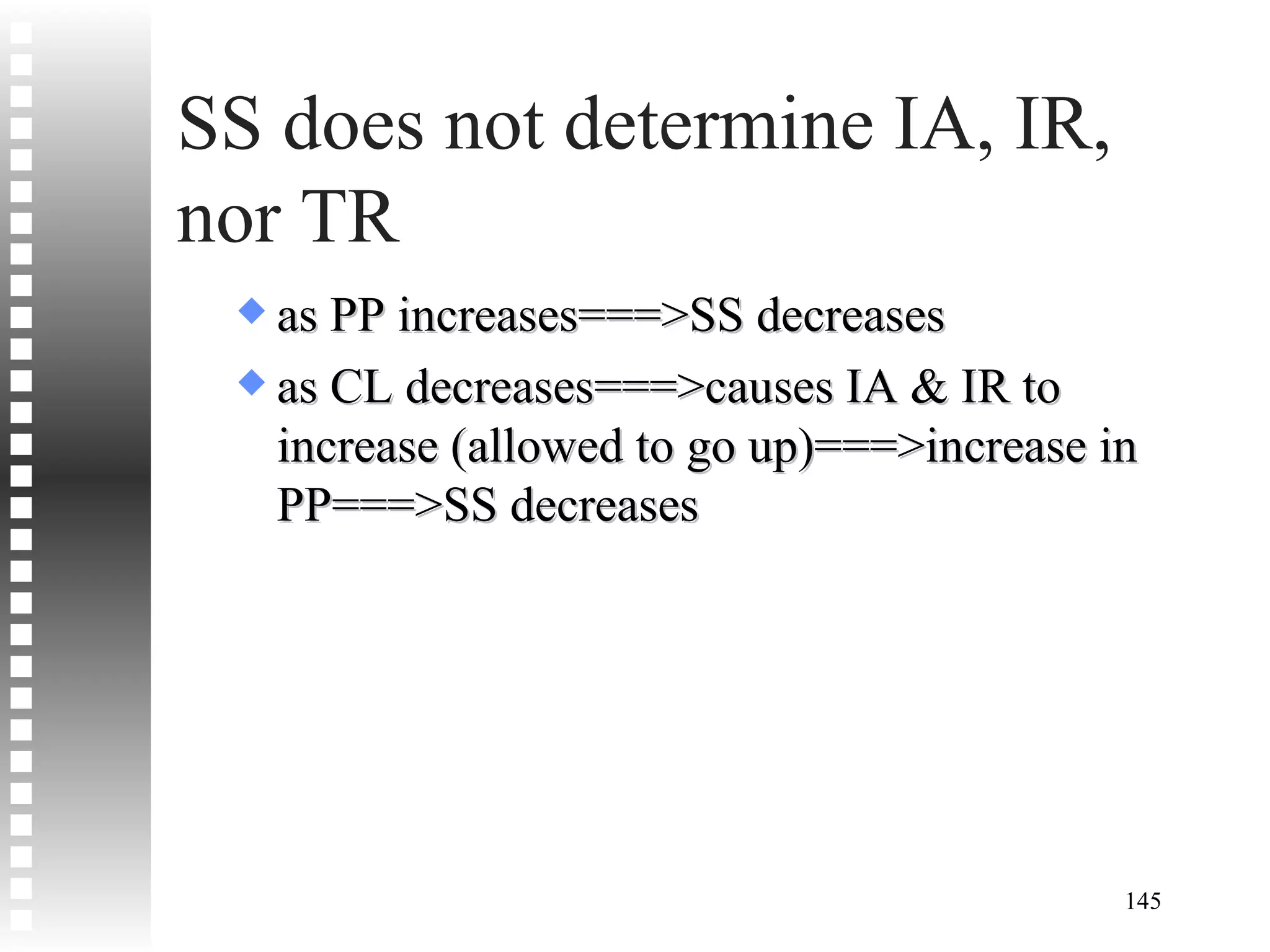 SS does not determine IA, IR, nor TR as PP increases===>SS decreases as CL decreases===>causes IA & IR to increase (allowed to go up)===>increase in PP===>SS decreases 