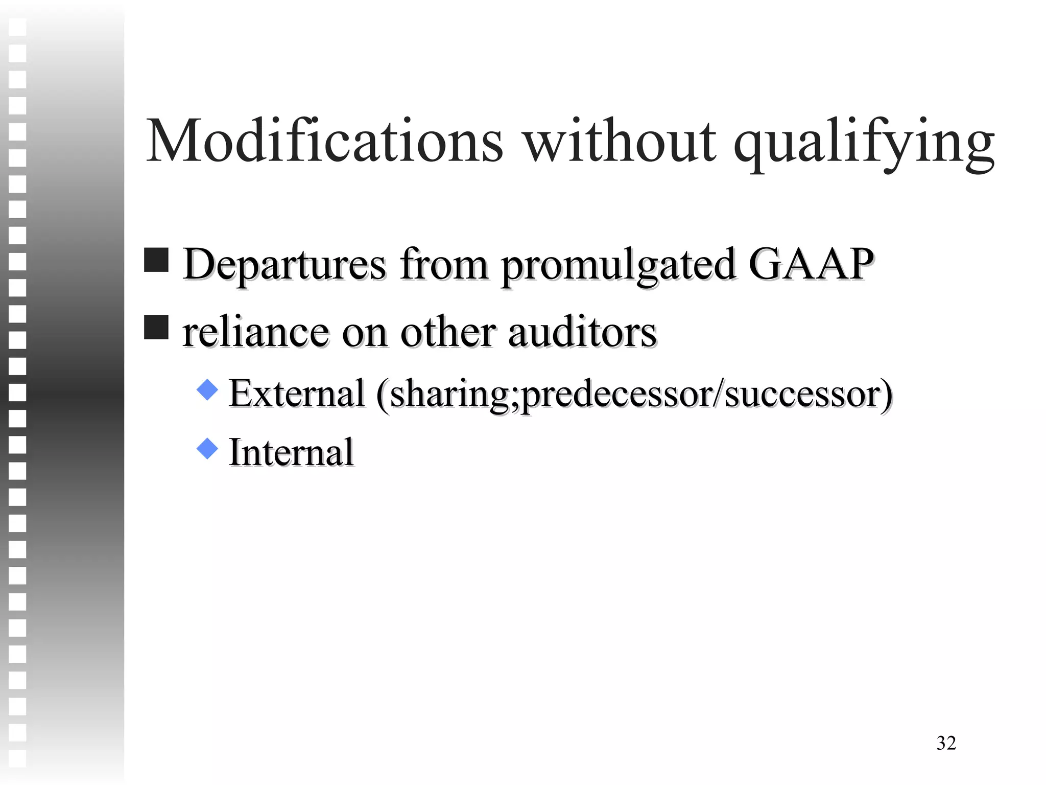 Modifications without qualifying Departures from promulgated GAAP reliance on other auditors External (sharing;predecessor/successor) Internal 