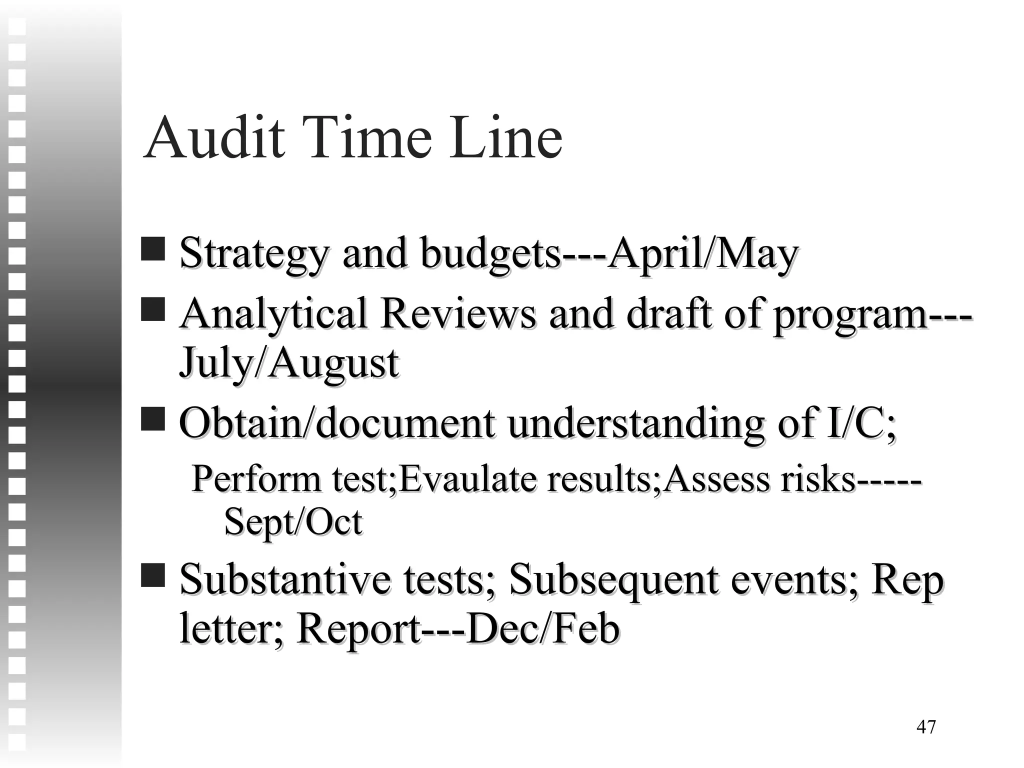 Audit Time Line Strategy and budgets---April/May Analytical Reviews and draft of program---July/August Obtain/document understanding of I/C; Perform test;Evaulate results;Assess risks-----Sept/Oct Substantive tests; Subsequent events; Rep letter; Report---Dec/Feb 