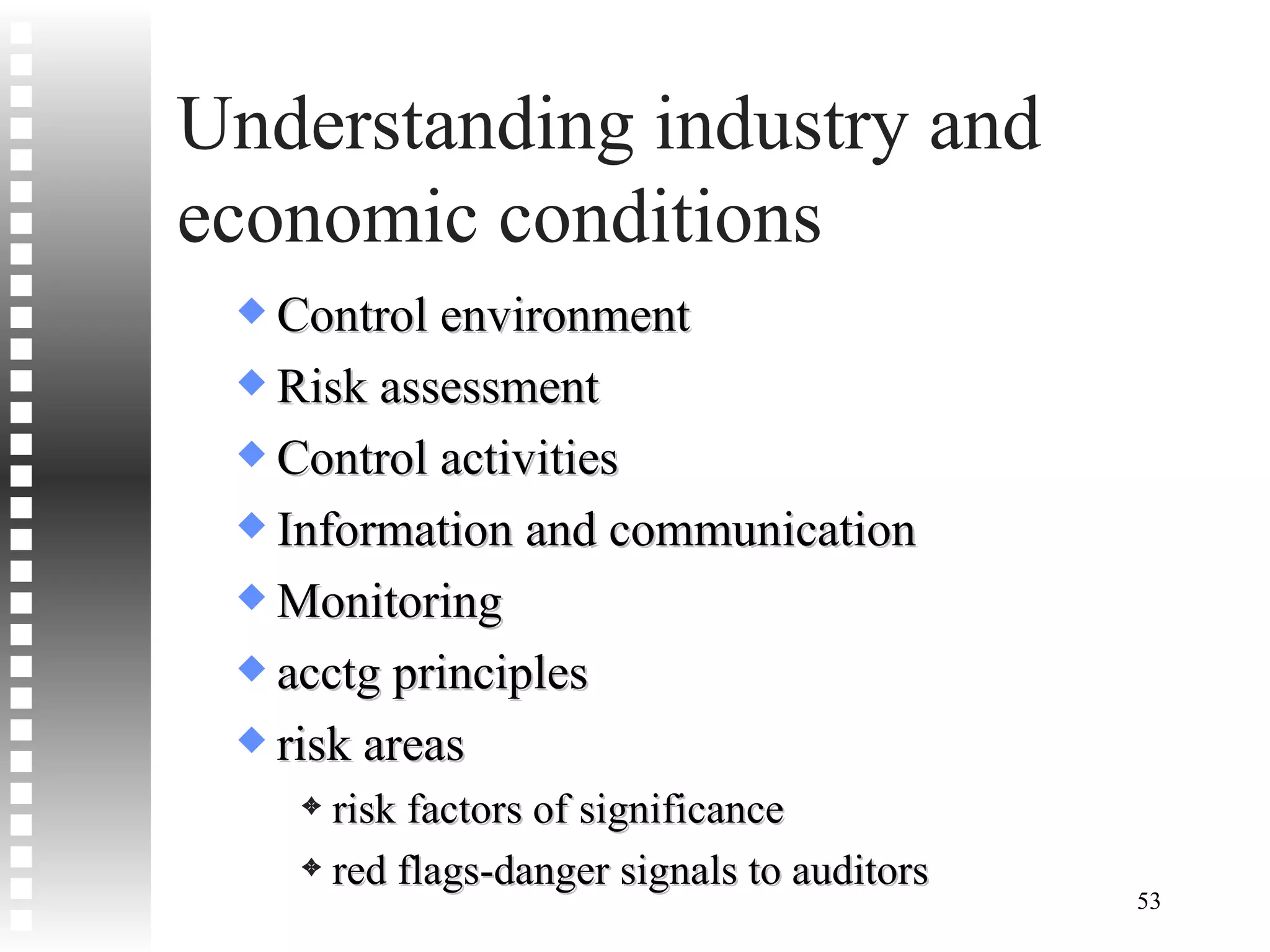 Understanding industry and economic conditions Control environment Risk assessment Control activities Information and communication Monitoring acctg principles risk areas  risk factors of significance red flags-danger signals to auditors 